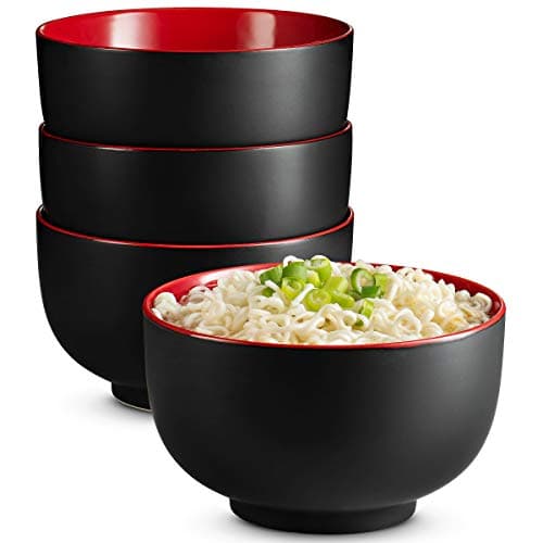 KooK Ramen Bowl, Japanese Bowls, Noodle Bowls, Large Soup Bowl, Ceramic, Large Capacity, For Ramen, Pho, Udon, Soba, Microwave and Dishwasher Safe, 34 oz, Set of 4 (Black/Red) - Image 1
