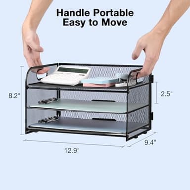 NCXTKJ 3-Tier Letter Tray Paper Organizer with Handle, Compact Mesh Desk File Organizer for Home Office Supplies Desktop Accessories,Black - Image 4