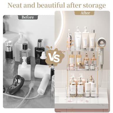shuang qing Bathroom Counter Organizer with Hair Dryer Holder, Hair Tool Countertop Storage, Cosmetics Skincare Shelf Organizer, Makeup Organizer Perfume for Dresser Vanity Tray(3 Tier-White) - Image 6