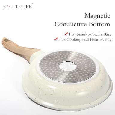 ESLITE LIFE Nonstick Ceramic Frying Pans Skillets Set, Non-Toxic Egg Omelette Kitchen Cooking Pans Compatible with All Stovetops (Gas, Electric & Induction), PTFE & PFOA Free (White) - Image 7