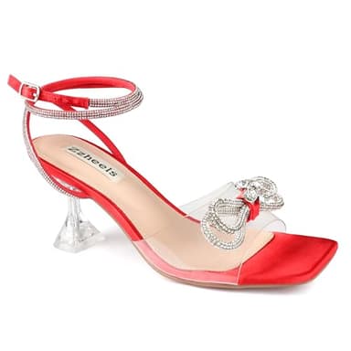 Zzheels Double Bowknots Clear Heels Square Toe Lace up Sandals Red Heels for Women for Wedding Red US7 - Image 1