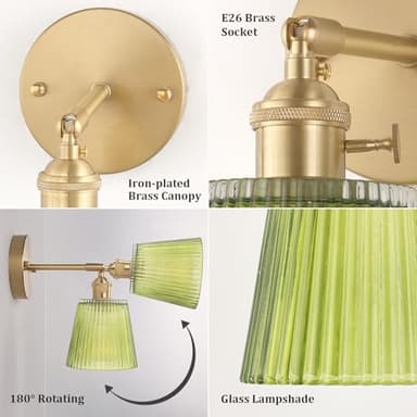 Shenmoyl Vintage Battery Operated Wall Sconce with Green Stripe Glass Lampshade Rechargeable Battery Powered Wall Light with Remote Control for Bedside Bedroom Doorway, Set of 2 - Image 3