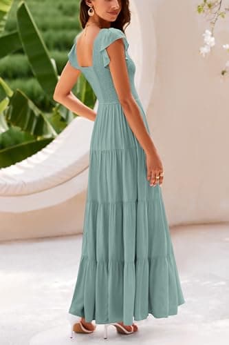 PRETTYGARDEN Women's Summer Flowy Maxi Dress Casual Cap Sleeve V Neck Smocked Beach Sundress (Solid Grey Green,Small) - Image 2