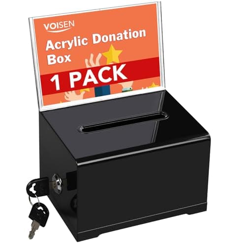 VOISEN Acrylic Donation Box with Lock, Black Tip Jar with Sign Holder, Suggestion Box for Fundraising, Donation, Bar, School Voting, 6.2x4.6x3.9 Inch - Image 1