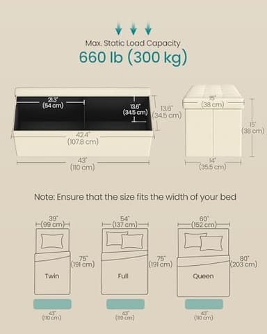 SONGMICS MAZIE Collection - 43 Inches Folding Storage Ottoman Bench, Ottoman Foot Rest, End of Bed Bench, Storage Chest, Load 660 lb, for Living Room, Bedroom, Entryway, Cream White ULSF77BE - Image 2