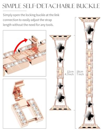 CTYBB Bling Diamond Band Compatible with Apple Watch Bands for Women 40mm 41mm 38mm 42mm Series 11 10 9 8 7 6 5 4 SE 3 2 1, Sparkle Metal Bracelet Wristband, Cute Lucky Clover Dressy iWatch Band,Rose Gold/Black - Image 3
