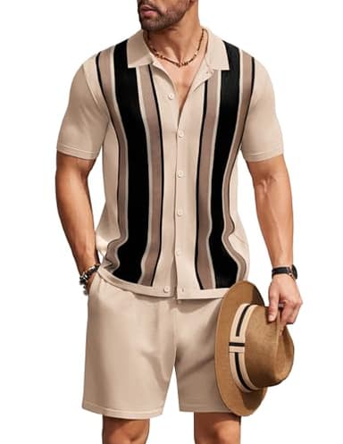 COOFANDY Men's 2 Piece Outfit Vintage Short Sleeve Knit Shirts Sets Striped Polo Shirt Casual Beach Shorts Suit - Image 1