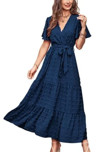 MASCOMODA Dresses for Women 2025 Short Flutter Sleeve Tiered Maxi Swiss Dot Solid V Neck Wedding Guest Dress with Belt(Navy,X-Large) - Image 1