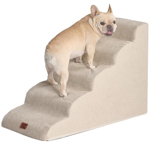 EHEYCIGA Curved Dog Stairs Ramp for High Beds 22.6" H, 5-Step Dog Steps for Small Dogs and Cats, Pet Stairs for High Bed Climbing, Non-Slip Balanced Pet Step Indoor, Beige - Image 1