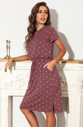 Women Summer Short Sleeve Teacher Casual Midi Knee Dress Dot Red XL - Image 3