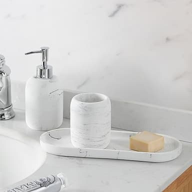 QL DESIGN Bathroom Accessories Set, 5-Piece Resin Bath Accessory Complete Set with Lotion Dispenser/Soap Pump, Cotton Jar, Tray, Tumbler and Toothbrush Holder (Marble Look) - Image 5