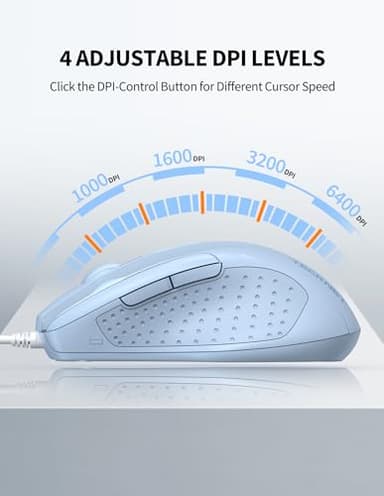 TECKNET Wired Mouse, 6-Button Corded with 4 Adjustable DPI, Optical Mouse with Ergonomic Design and 5FT Cord for Laptop, Chromebook, PC, Desktop, Mac, Notebook - LT.Blue - Image 2