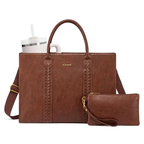 LOVEVOOK Laptop Tote Bag for Women, Vintage Leather Work Bags 17 inch Laptop Bag, Waterproof Professional Computer Bag Business Office Briefcase Large Shoulder Bag Handbag, Brown - Image 1