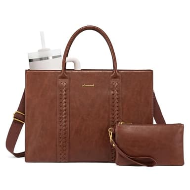 LOVEVOOK Laptop Tote Bag for Women, Vintage Leather Work Bags 17 inch Laptop Bag, Waterproof Professional Computer Bag Business Office Briefcase Large Shoulder Bag Handbag, Brown - Image 1