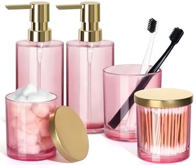 ALPIRIRAL Pink Bathroom Accessories Set, 5 Pcs Pink Glass Bathroom Set, Soap Dispenser and Toothbrush Holder Set, Qtip Holder and Cotton Ball Holder, Modern Bathroom Decor Sets, Bathroom Sink Set - Image 1