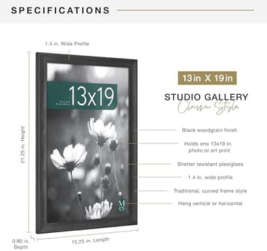 MCS Studio Gallery Classic 13x19 Picture Frame Black Woodgrain Engineered Wood, Vertical & Horizontal Wall Hanging Large Picture Frame for Photos, Posters & Art Prints (1-Pack - Image 5