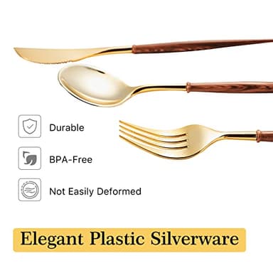 Lullaby 120PCS Gold Plastic Silverware, Gold Disposable Cutlery with Wood Grain Handle Include 40 Forks, 40 Spoons, 40 Knives, Elegant Disposable Silverware for Wedding, Party, Gathering, Daily Use - Image 4