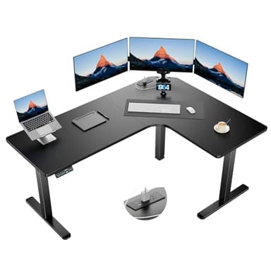 HUANUO 63″ Dual Motor L-Shaped Standing Desk, Built-in Power Outlets, Electric Height Adjustable Corner Computer Desk, Large Power Strip Holder, Sit Stand Up Desk with 3 Preset Heights, Black - Image 1