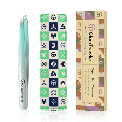 Expert Slant Tip Tweezers with Leather Case, GlamTweeler Sharp & Precision Stainless Steel Tweezer for Eyebrows, Facial Hair and Fine Hairs Removal (Sparkle Mint Green & Silver) - Image 1