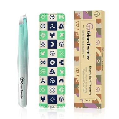Expert Slant Tip Tweezers with Leather Case, GlamTweeler Sharp & Precision Stainless Steel Tweezer for Eyebrows, Facial Hair and Fine Hairs Removal (Sparkle Mint Green & Silver) - Image 1