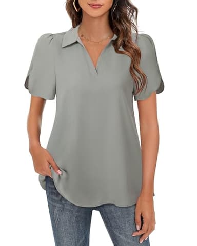 Lotusmile Womens Chiffon Blouses for Work Puff Short Sleeve Dressy Casual Tops with Collared V Neck Design Grey - Image 4