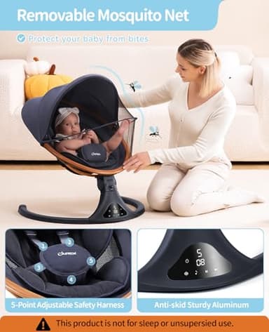 LAREX Baby Swing to Toddler Electric Infant Swing Portable for Newborn Boy Girl, 5 Sway Speeds with Remote Control, 12 Preset Melodies and Bluetooth, 0-6 Months Max 20 Lbs(Dark Wood Grain) - Image 8