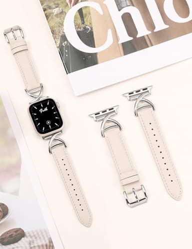 Minyee Leather Band Compatible with Apple Watch 42/44/45/46/49mm Women, Slim Dressy Premium Leather Strap with A-Shape Metal Buckle for iWatch Series 11 10 9 8 7 6 5 4 SE/Ultra 3 2 1,Starlight/Silver - Image 4