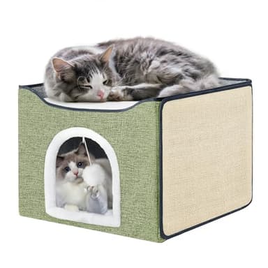 Purr&Knead Cat Bed for Indoor Cats with Large Replaceable Scratch Pad, Cat Cave with Hanging Toy Ball, Foldable Cat Hideaway, Covered Cat Bed Cave for Cat House(Green) - Image 1