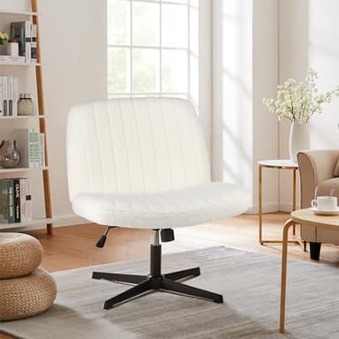 Sweetcrispy Criss Cross Chair Legged, Armless Office Wide Desk Chair No Wheels, Swivel Vanity Height Adjustable Fabric Modern Computer Task Seating for Home - Teddy Beige - Image 6