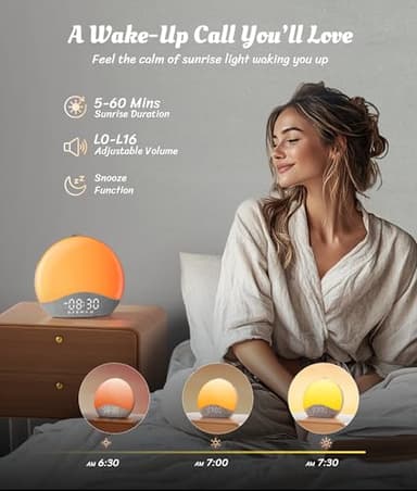 ecozy Sunrise Alarm Clock, White Noise Sound Machine, Upgraded Backlit Buttons for Bedrooms, 26 Soothing Sounds, 17 Night Lights, Bluetooth Speaker, Wake Up Sunlight for Heavy Sleepers, Adults, Kids - Image 3