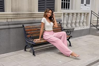 KICZOY Women's Wide Leg High Waist Pants Loose Fit Back Elastic Waist Pleated Front Trousers for Work Casual Pink - Image 5