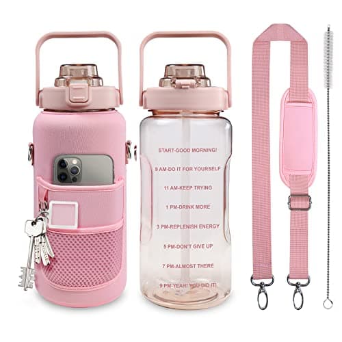 Chokoter Half Gallon Water Bottle with Sleeve, 64OZ Motivational Water Bottle with Straw & Time Marker, BPA Free Leakproof Gym for Sport Workout - Image 1