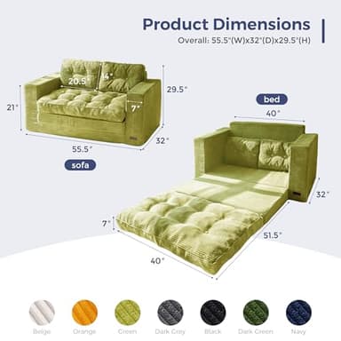 MAXYOYO Convertible Sofa Bed, Pull Out Loveseat Sleeper Sofa, 2 in 1 Folding Couch Bed, Fold Out Floor Couch with Pillows for Living Room Bedroom Lounge, Green - Image 3