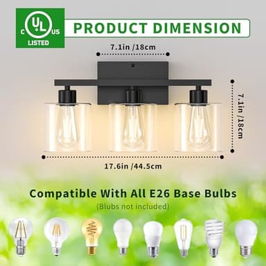 Phaosio Bathroom Vanity Light Fixtures 3-Black Wall Sconce, Brushed Nickel Mirror Light with Clear Glass Shade, Easy Install Bedroom Hallway Lighting, E26 Base - Image 3