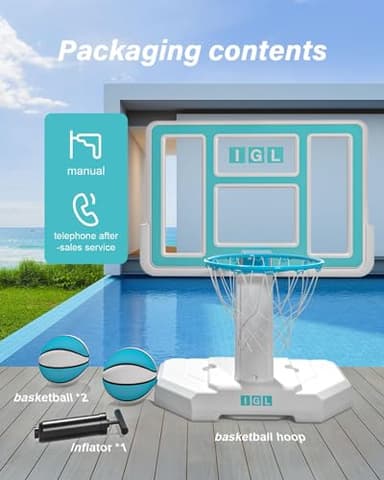 IGL Pool Basketball Hoop Outdoor, 44 Inch Outdoor Poolside Basketball Hoop, Base & Stand Double Water Storage with 2 Ball & Inflator, 18in Stainless Steel Basketball Rim, Fixed Height (44in Backboard) - Image 5