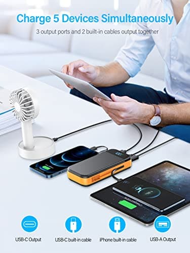Portable Charger 32000mAh, 22.5W QC 3.0 PD 20W Smart LED Display Fast Charging Built in Cables Power Bank, External Battery Pack Charge 5 Devices Compatible with Cellphones (Orange) - Image 2