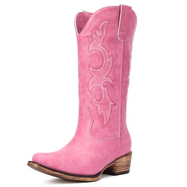 Choiran Pink Cowboy Boots for Women - Embroidered Cowgirl Boots Western Mid Calf Fashion Chunky Heel Pointed Toe Country Boot 9.5 - Image 4