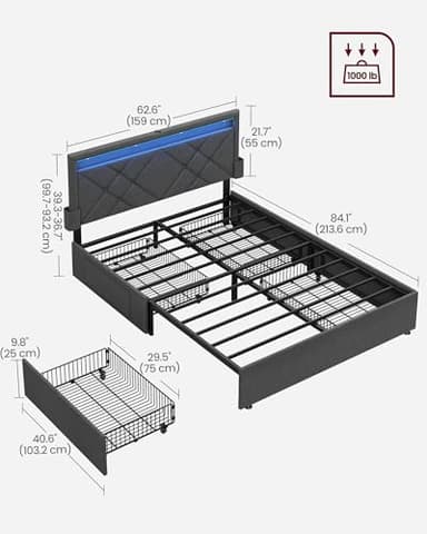 VASAGLE LED Bed Frame Queen Size, Queen Bed with Headboard and 4 Drawers, 1 USB Port and 1 Type C Port, Adjustable Upholstered Headboard 36.7/39.3 Inches, No Box Spring Needed, Dark Gray URMB821G71 - Image 2
