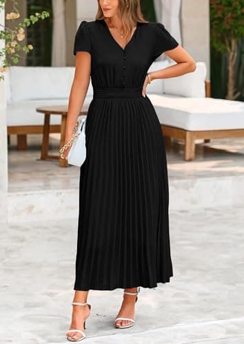 PRETTYGARDEN Women's Summer Maxi Dresses 2025 Trendy Casual Button V Neck Ruffle Cap Sleeve Long Flowy Pleated Dress (Black,Medium) - Image 7