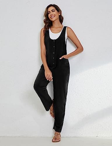 Yeokou Womens Overalls Linen Cotton Jumpsuits Loose Casual Jumpers with Pockets(Black-M) - Image 5