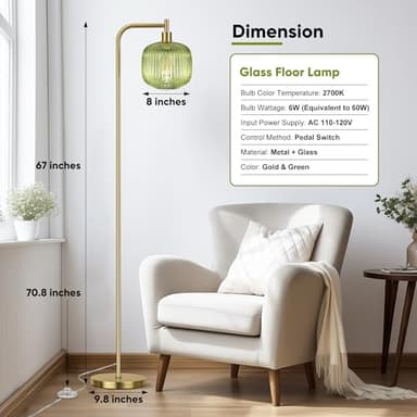 QiMH Glass Floor Lamp for Living Room, Modern Standing Lamp with Ribbed Glass Lampshade Pedal Switch, 67” Tall Lamp for Bedroom Study Room, Brushed Gold (2700K LED Bulb Included) - Image 4