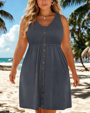 Holipick Women's Plus Size Summer Dresses for Women Casual Dress with Pockets A-Line Swing Button Down Sleeveless V Neck Gray - Image 2