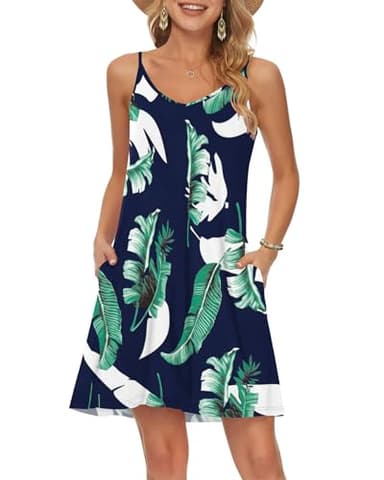 MISFAY Women's Summer Spaghetti Strap Casual Swing Tank Beach Cover Up Dress with Pockets(Print Blue,3XL) - Image 1