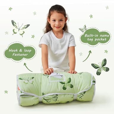 Toddler Nap Mat with Pillow and Blanket, Extra Large Rolled Napping Mats,Slumber Bags for Boys Girls,Kids Sleeping Bag for Daycare, Preschool Travel Camping, Green Butterfly - Image 3