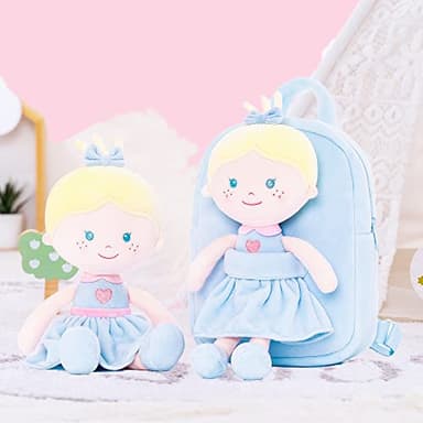 Onetoo Toddler Backpack Back to School Gifts for Girls Kids Backpacks with Soft Tanned Baby Dolls in Blue Heart Dress 9.5" - Image 5