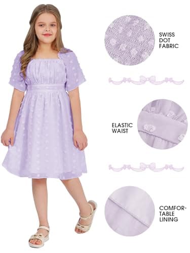 EXLURA Girls 2025 Summer Dresses Short Sleeve Swiss Dot Square Neck Flowy A Line Kids Dress Casual Party Midi Dress 6-15Y Light Purple - Image 2