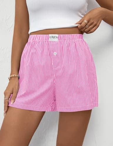 LOMON Boxer Shorts for Women Summer Cotton Pajamas 2025 Lounge Sleep Pj Striped Short Pants Y2K Beach Bottoms with Pockets (Pink White Pinstripe S) - Image 4