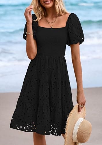 PRETTYGARDEN Womens Summer Puff Sleeve Mini Dress Off Shoulder Eyelet Smocked A Line Casual Babydoll Short Dresses (Black,Medium) - Image 5