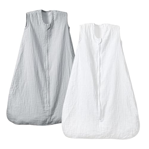 PHF 100% Muslin Cotton Baby Sleep Sacks, 12-18 Months Sleep Sack with 2-Way Zipper, 2 Pack Cooling Unisex 0.5 TOG Breathable Large Size Sleeveless Baby Wearable Blanket, White & Grey - Image 1