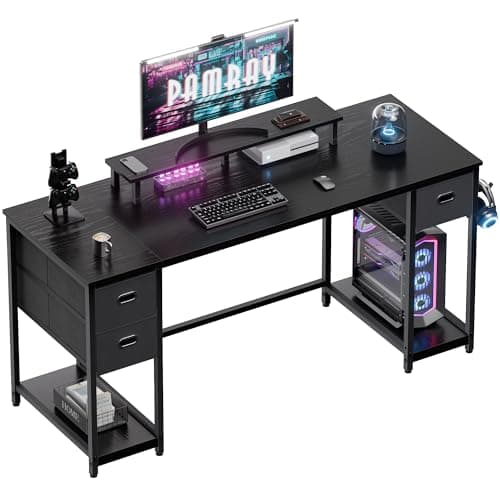 Pamray 55 Inch Computer Desk with Non-Woven Storage Drawers and Monitor Stand Home Office Desk for Bedroom Study Table Writing and Work Desk Black - Image 1